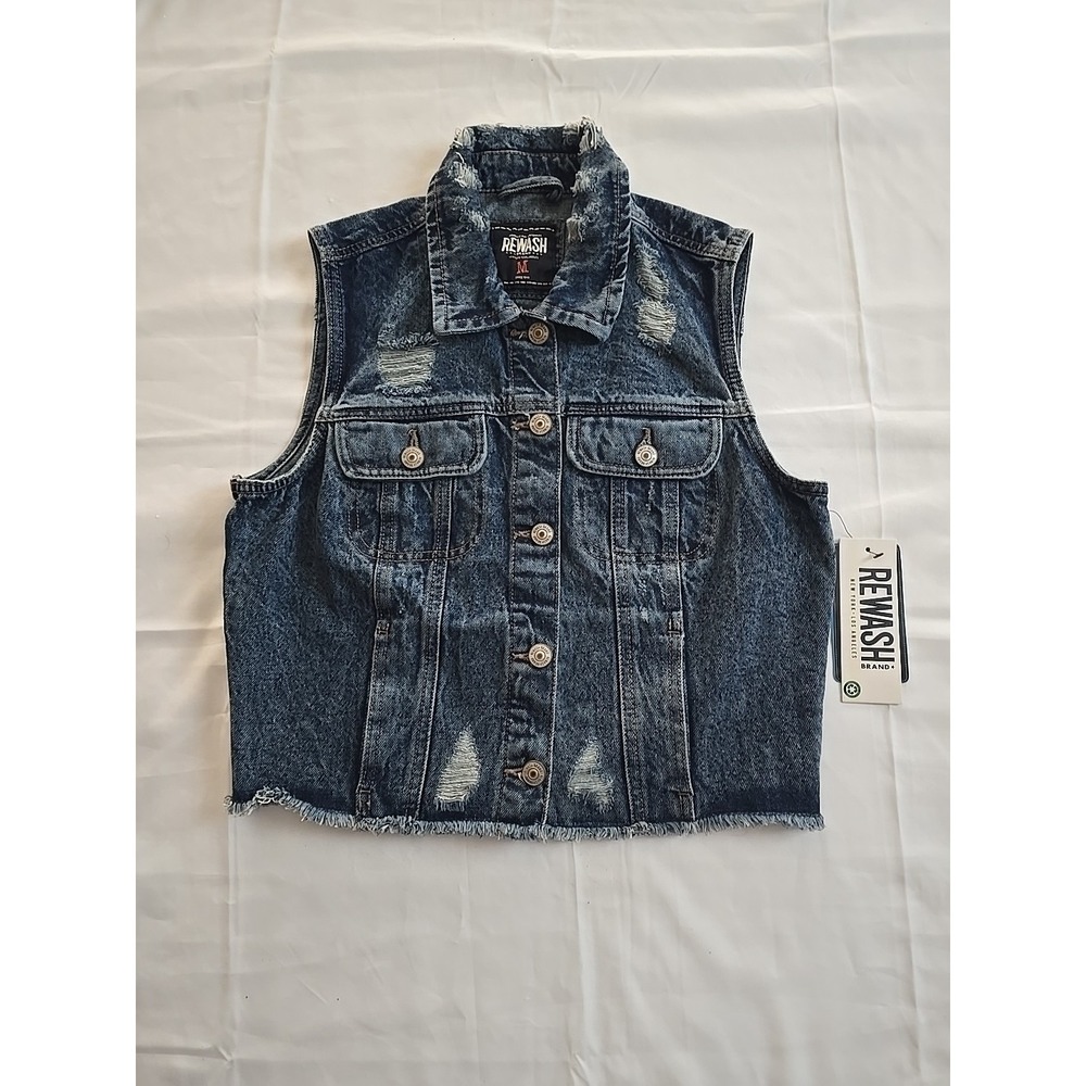 Nwt Rewash Womens Medium Denim Vest Distressed Cropped Blue 80s Y2K 90s